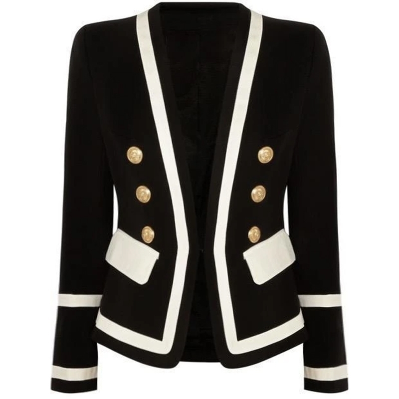 

HIGH STREET New Fashion Designer Blazer Women's Classic Black White Color Block Metal Buttons Blazer Jacket Outer Wear 201201