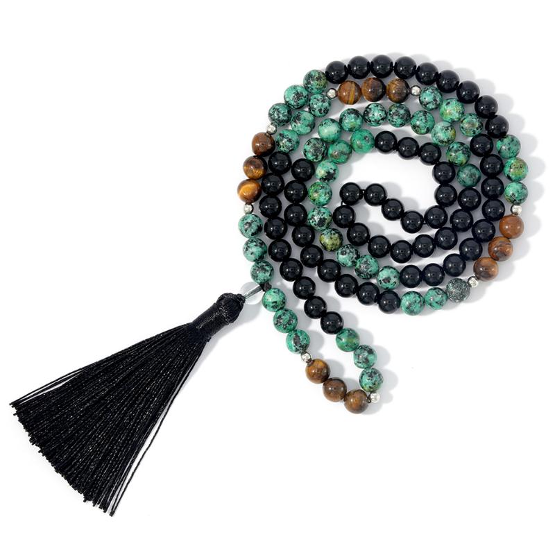 

Black Onyx & Yellow Tiger Eye African Pine Beaded Ethnic Style Necklace Mala Rosary Blessing Prayer Charm Long Tassel Jewelry