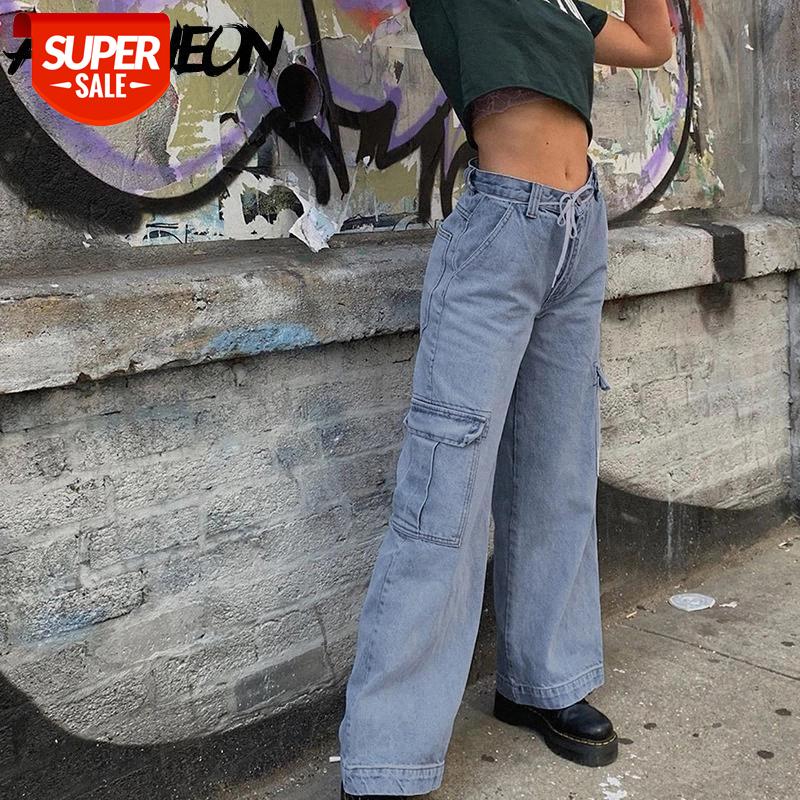 

ALLNeon Y2K Fashion Solid Wide Leg with Big Pockets High Waist Jeans Hip Hop Style 90s Streetwear Denim Cargo Pants Autumn Chic #c13U, Black;white