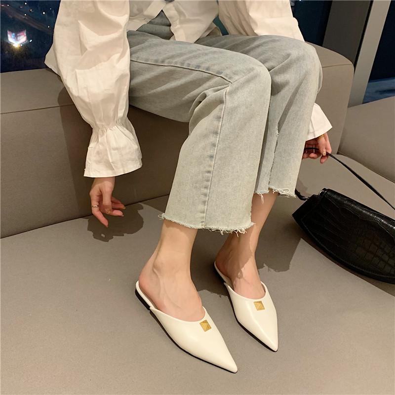 

Pointed Toe Women Shoes Flat Heeled Slippers Mules Shoes Slip On Summer Casual Slides Black/White/Yellow Fashion Rivet Design