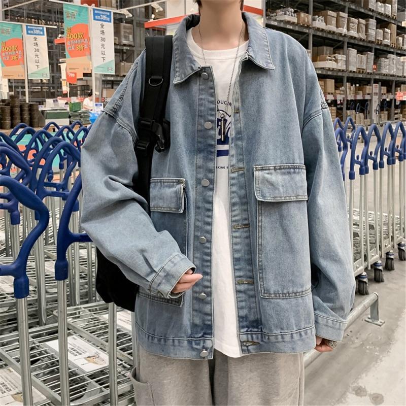 

Autumn Winter Hong Kong Style ins loose jacket denim jacket men's Korean version versatile youth trend lazy top denim, Light blue