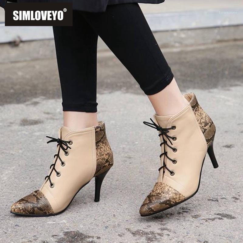 

SIMLOVEYO Shoes women Ankle boots Pointed toe Lace up cross tied Thin high heel Black Apricot retro Botas feminino Snakeskin1, Wine red