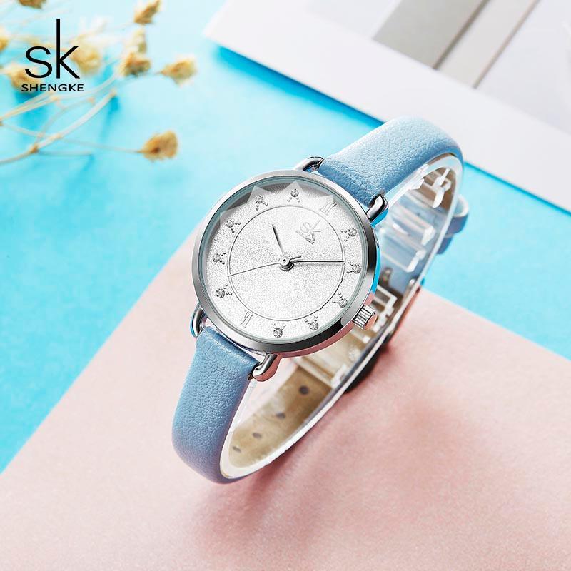 

Shengke Creative Glitter Dial Women Leather Ladies Wrist Watch Movement Quartz Watches Slim Strap Montre Femme 20201, White