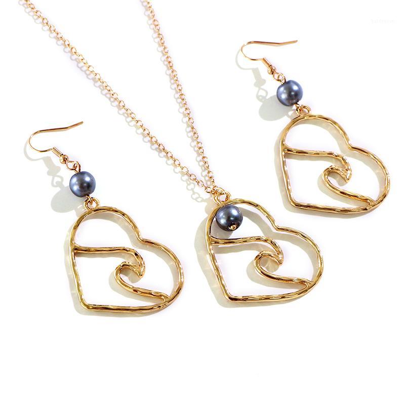 

Say Hello Hawaii Polynesia Style Pearl Heart-shaped Necklace Earrings Sets for Women Female New Design Jewelry Set Alakai K60971, As pic