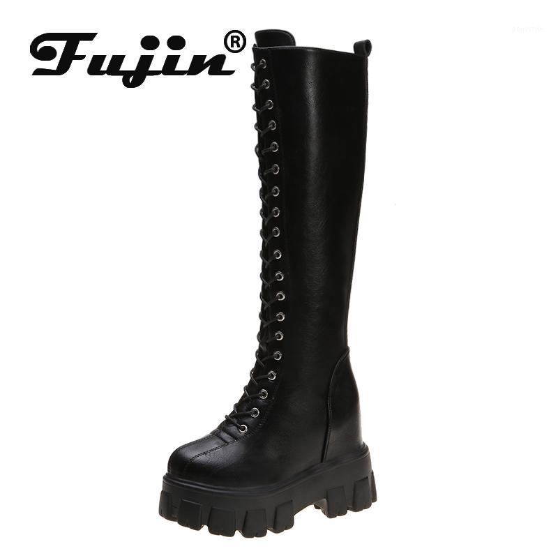 

Fujin Fashion Women Cross Strap PU Leather Boots Autumn Winter Knee High Boots Ladies Thick Sole Platform Botas Mujer1, Beige