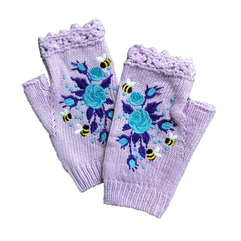 

Five Fingers Gloves Fashion Autumn Winter Fingerless Women's Flower Bee Hand Embroidery Mittens Christmas Gifts Guantes Mujer