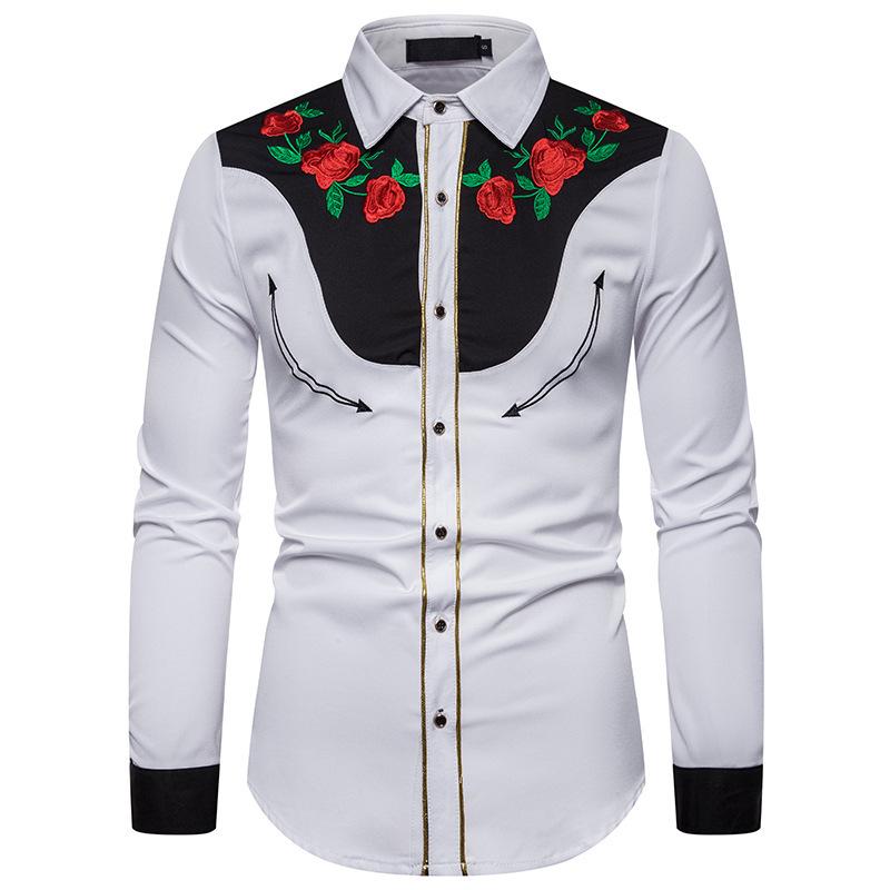 

African Fashion Dashiki Shirts Men Extra Rich Bazin Patchwork Mens Shirts 2020 Slim Fit Long Sleeve Rose Floral Tops, Black