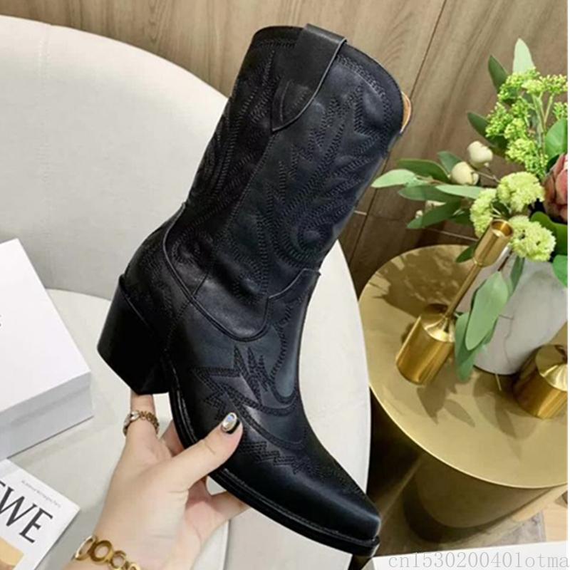 

2020 Embroidery Botas Mujer Faux Leather Cowboy Ankle Boots for Women Wedge High Heel Boots Snake Print Western Cowgirl 40, As show1