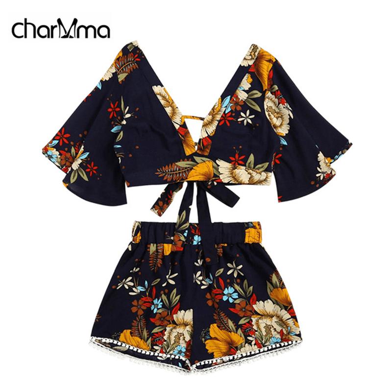 

LANGSTAR Floral Plunging Neck Cropped Top and High Waisted Lace Trim Shorts Women Clothes Casual Two Piece Set Summer Twinset, Black 2 piece set