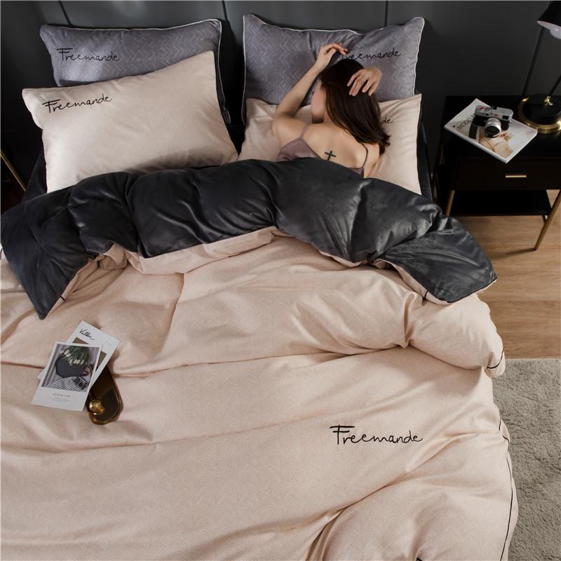 

Brief Style Crystal Velvet Warm AB Cotton Duvet Cover Pillowcases Bed Sheet Solid Creamy Grey Pink Ginger Blue Light Brown, Color 2