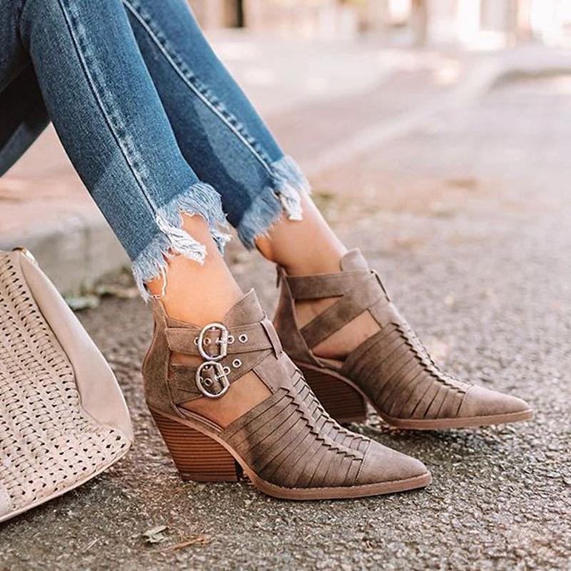 

Vogue Women Ankle Boots Pointed Toe PU Leather Low Heels Shoes Woman Booties Sexy High Heels Size 35-53 Woman Botas Mujer, Brown