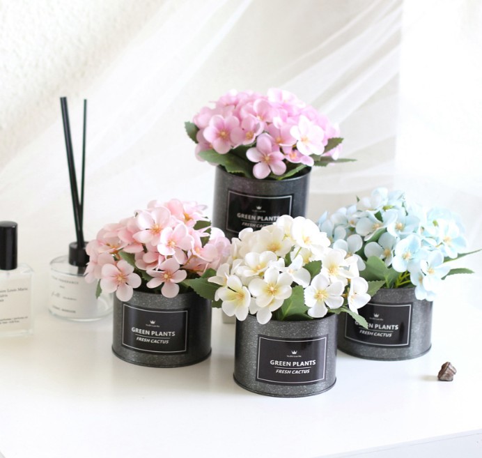 

decorative flower Begonia Hydrangea iron sticker imitation potted plant small bonsai set artificial flower handicraft ornament, As pic