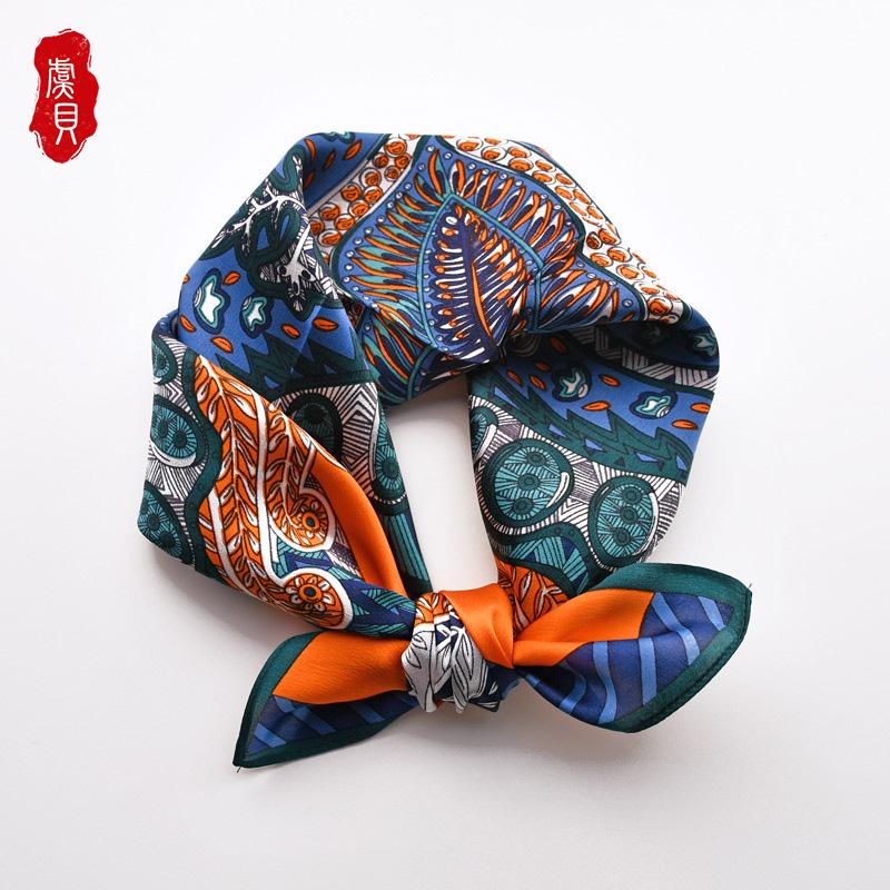 

Orange blue 100% nature silk scarf women printed luxury small square stain scarves hair band fashion vintage bandana ladies gift