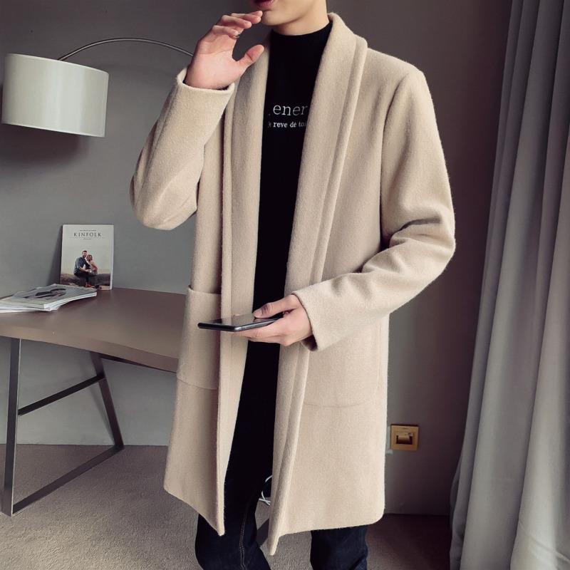 

Korean Style Woolen Coat Men's Slim Fashion Casual Long Woolen Coat Men British Style Cardigan Jacket Mens Overcoat -2XL, Black