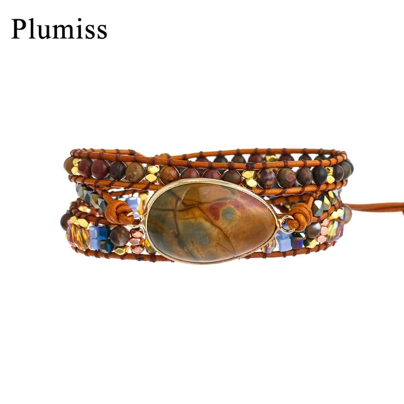 

Plumiss Exquisite Picasso Stone Wrap Bracelet Natural Red Creek Stone Beaded Bracelets Femme Jewelry Friendship Gift Dropship