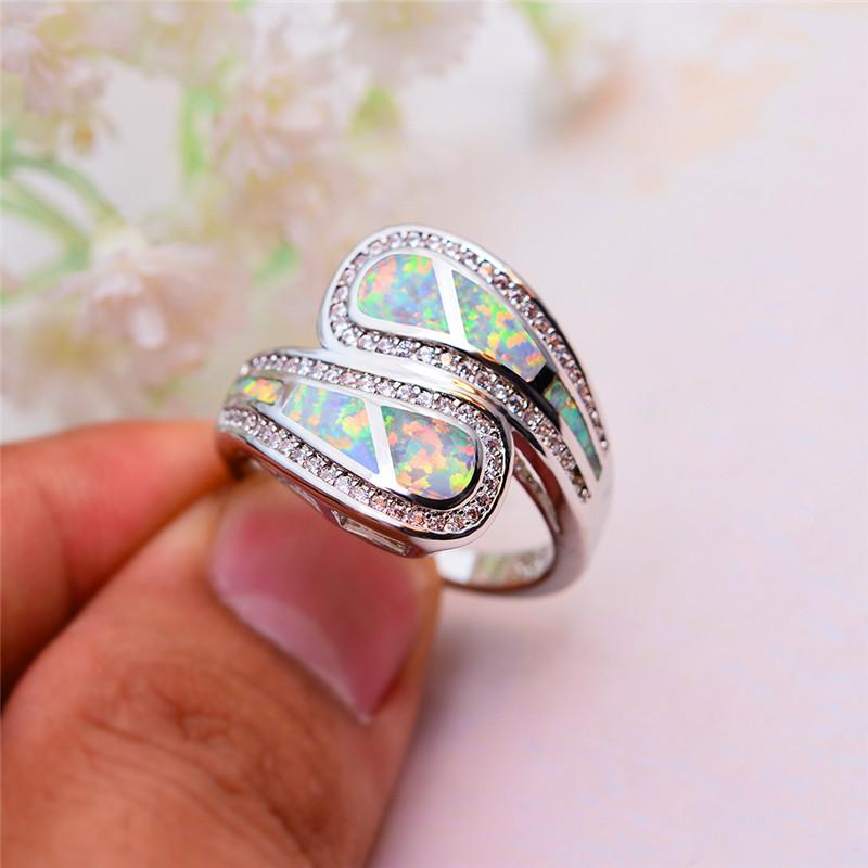 

Luxury Female White Blue Fire Opal Ring Unique Silver Color Wedding Band Ring Promise Engagement Rings For Women