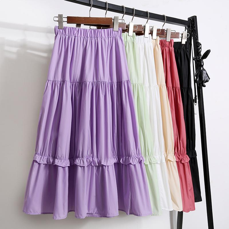 

Lucyever Elegant Summer Women Skirt Fashion Ruffle Elastic High Waist A Line Female Pleated Midi Skirt Causal Korean Chic Faldas1, White