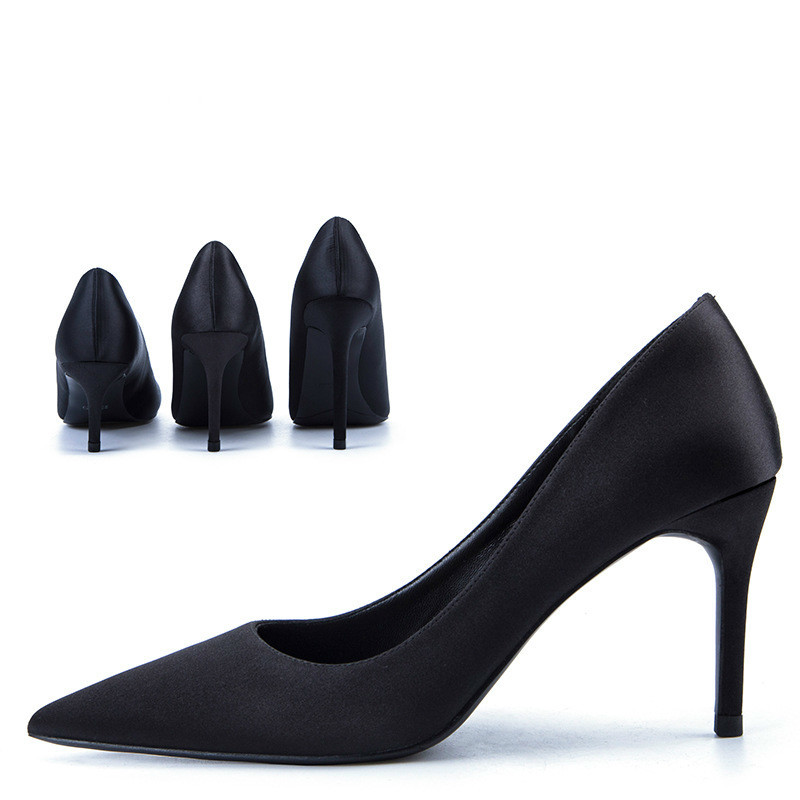 

2021 New Sexy Pointed to Fall of Silk Fine Fashion Woman Shoes Ladies Hwye, Black(heels 6cm)