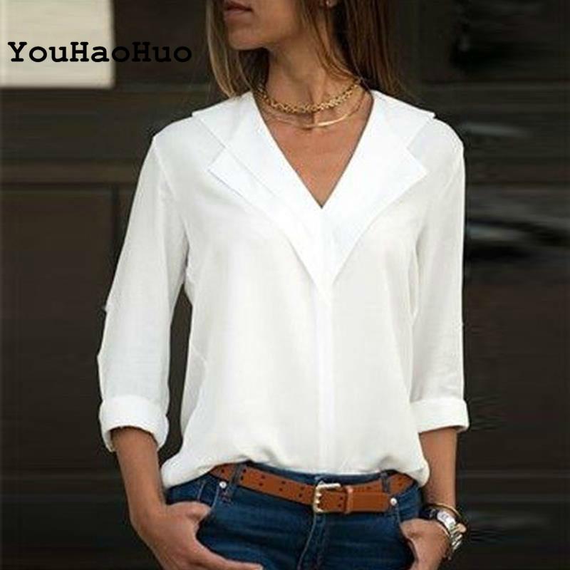 

White Blouse Long Sleeve Blouse Double V-neck Women Tops and Blouses Solid Office Shirt Lady Shirt Blusas Camisa, Black