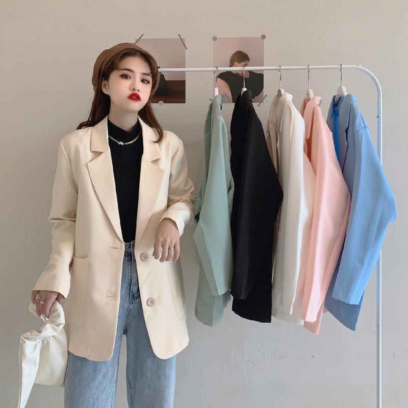 

New Korean Notched Collar Vintage Blazer Women Solid Color Single Breasted Long Sleeve Casual Jackets Female Retro All-match Top, Apricot
