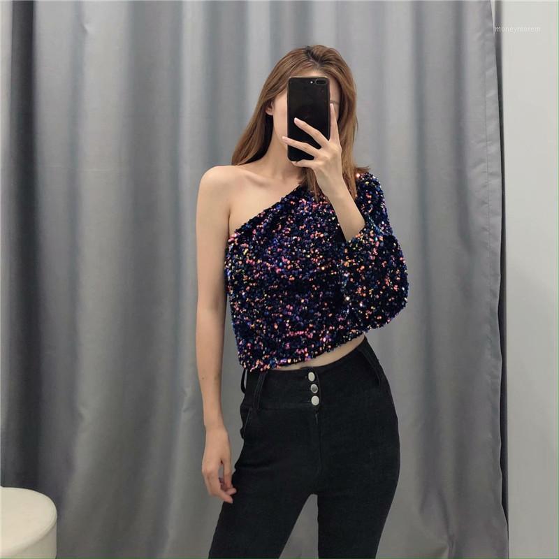 

Women 2021 Fashion Patchwork Organza skew Coller Knitted Blouses Vintage Asymmetric Neck Stretch Slim Female Shirts Chic Tops1, Purple