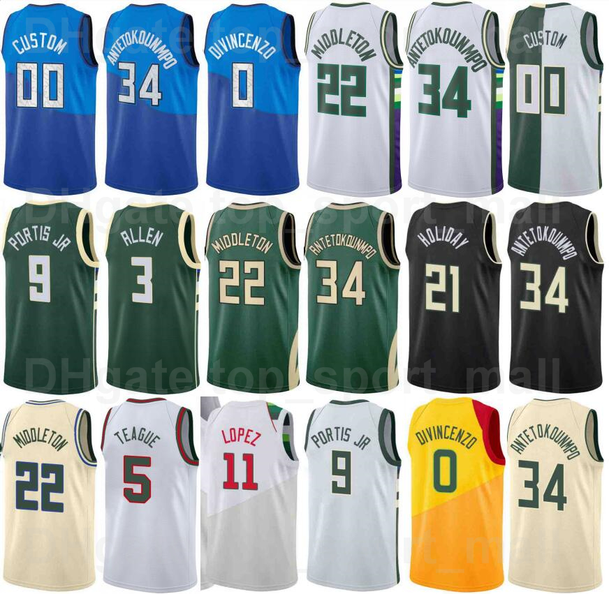 

Basketball Screen Printed 75th Anniversary Bobby Portis Jersey 9 George Hill Giannis Antetokounmpo 34 Jrue Holiday 21 Khris Middleton 22 Grayson Allen Custom Name, 75th blue