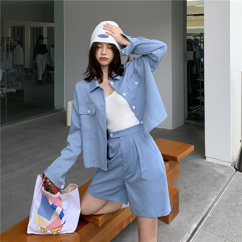 

2021 New colours two bun joint autumn soild color long sleeve + mini short 2 buns all female fashion set clothes (xh3219 O47M, Blue