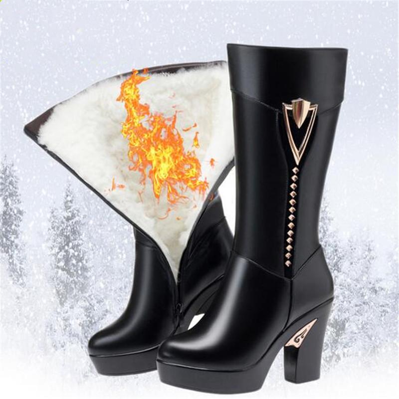 

New Fashion 100% Top Cowhide Boots Women High Boots Warm Inisde Plush / Wool Winter Snow Women's High Heels, Black inisde plush