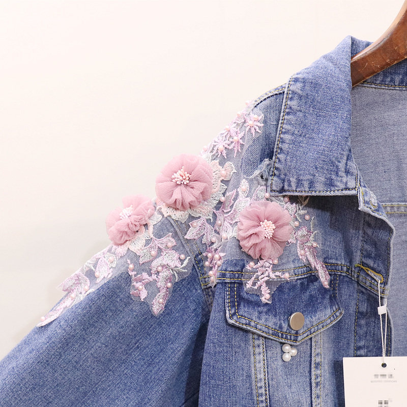 

Runway Floral Designer Embroidered Pearls Denim Woman's Long Vintage Blue Sleeve Short Female Jacket 2021 Autumn Zjod