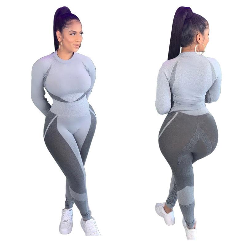 

2020 Sports Women Gym Suit Fitness Set Woman Sport 2 Piece Sets Long Sleeve O Neck Tops Elasticity High Waist Long Pants Set, Home fun set
