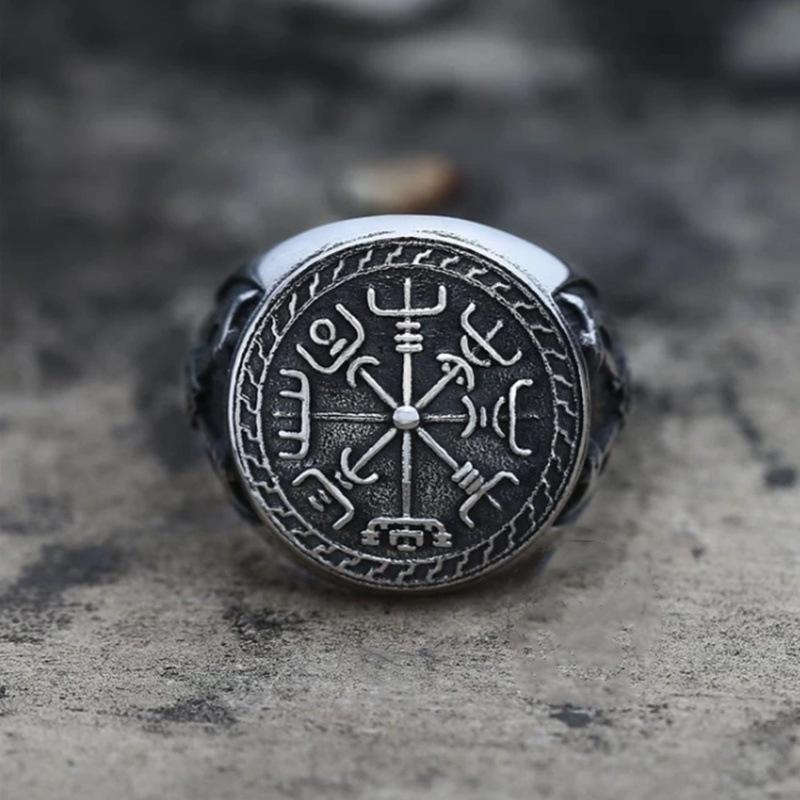 

Retro Mythology Punk Male Jewelry Nordic Viking Rings Double Axe Compass Odin's Symbol Ring for Men Him