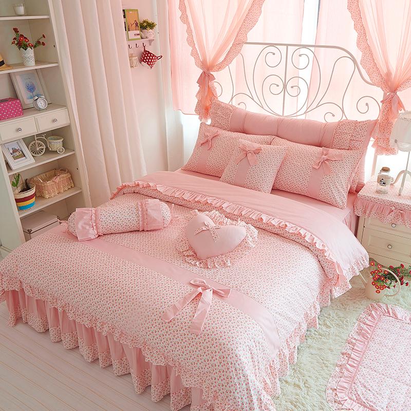

Cherry Printing 100 Cotton Bedding Sets King Queen Size Bow Design Quilt Cover Ruffles Bedspread Bed Linen 4/6/8PCS Pillowcases, Pink with lace