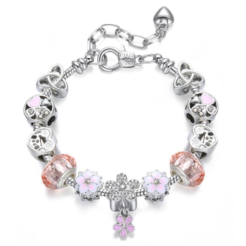 

Pink Peach Blossom Crystal Bead Alloy Silver Plated Big Hole Bead -Style Bracelet