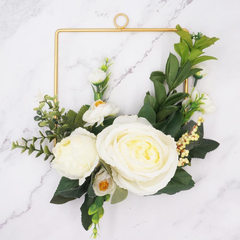 

Flower Wreath Artificial Silk White Rose with Plant Iron Square Garlands Wall Door Decoration Wedding Decoration Farmhouse Decor1
