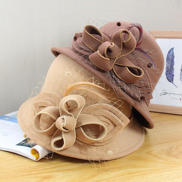 

Mingli Tengda Bowler Felt Black Hat Cap Women Hats Autumn Elegant Mesh Flower Woolen Top Hat Fedora Fascinators Chapeus, Net flower - black