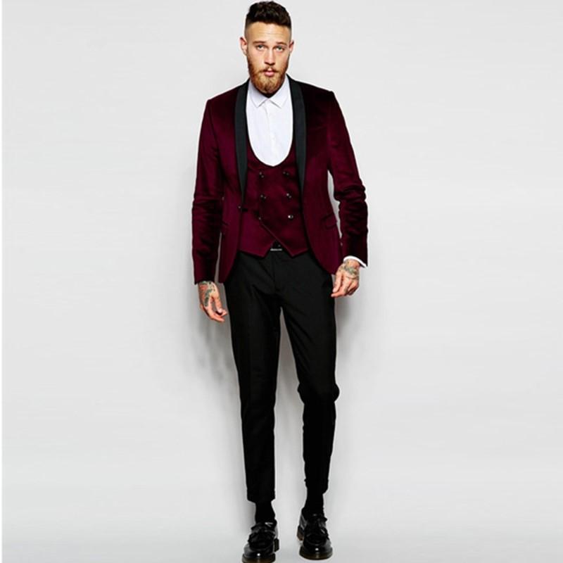 

Custom Made Red Wine Men Suits 2020 Wedding Groom Velvet Tuxedos Beau Best Men Blazer Prom Party Suits Shawl Lapel 3 pieces, As the image
