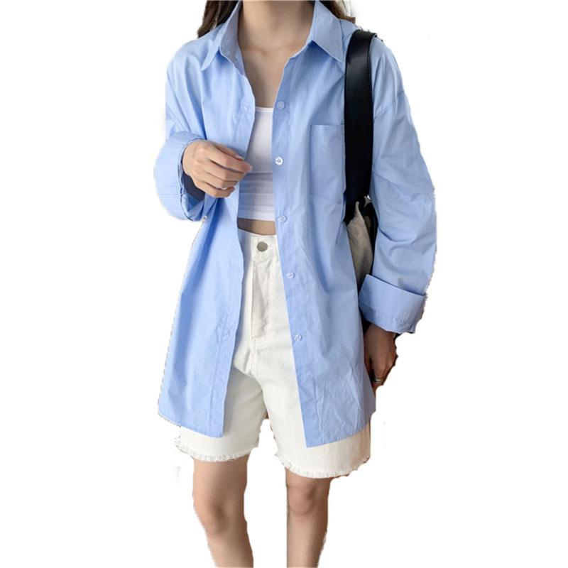 

Women's Blouses & Shirts Pockets Women Single Breasted Tops Turn-down Collar Long Sleeve Clothing 2022 Summer Korean Fashion ZY5496, White