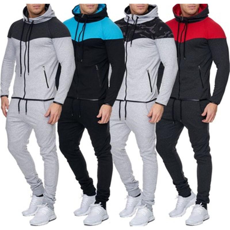 

Mens Splicing Sports Sets Fashion Trend Long Sleeve Zipper Hooded Sweatshirt Pant Suits Designer Man Spring Slim Casual Running Tracksuits