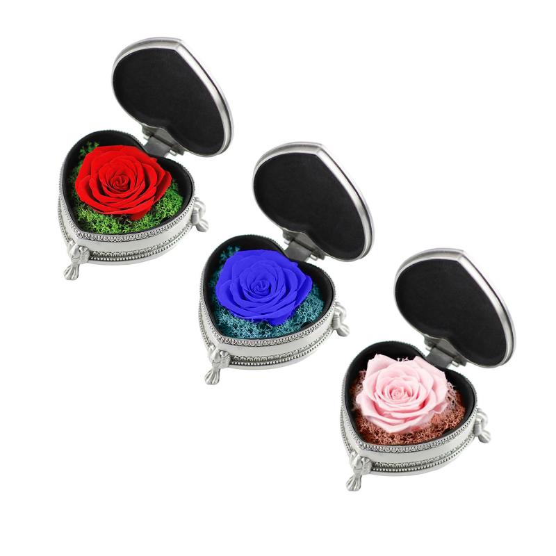 

Real Red Rose Flower Heart-shaped Silver gift box For Valentine's Gifts Mother's Day Women Wedding christmas Gift with wood box, A1