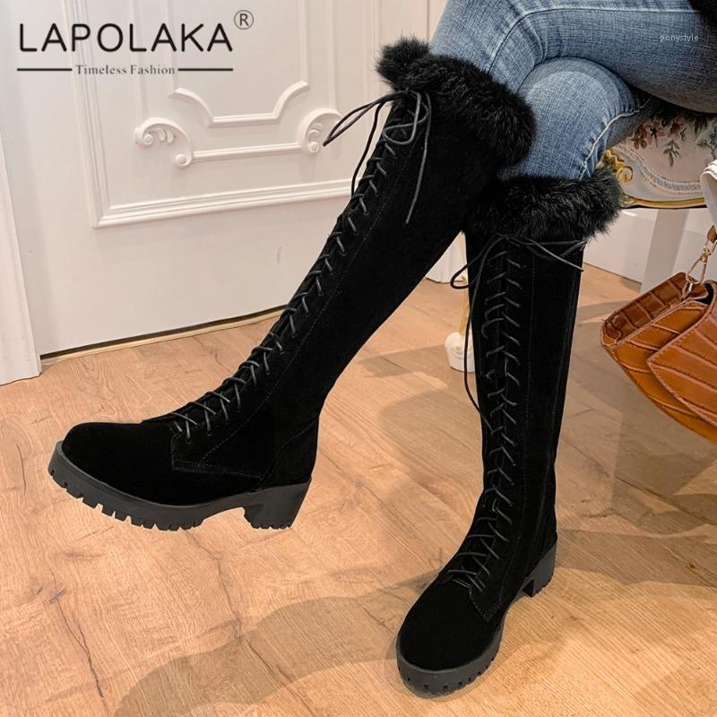 

2021 Lapolaka Hot Sale Top Quality Plush Warm Winter Boots Woman Shoes Skidproof Sole Cross Tied Decoration Shoes Ladies1, Black