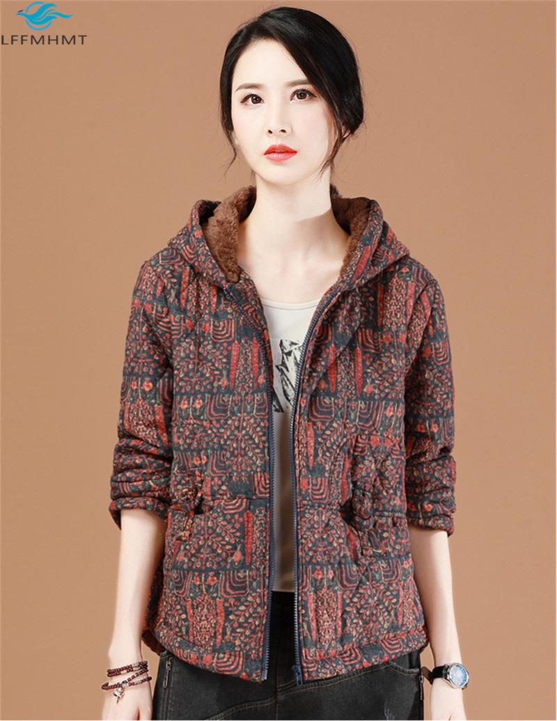 

Women Vintage Floral Print Fashion Thick Cotton Padded Coats Office Lady Winter Hooded Loose Casual Comfortable Warm Retro Coats, Red
