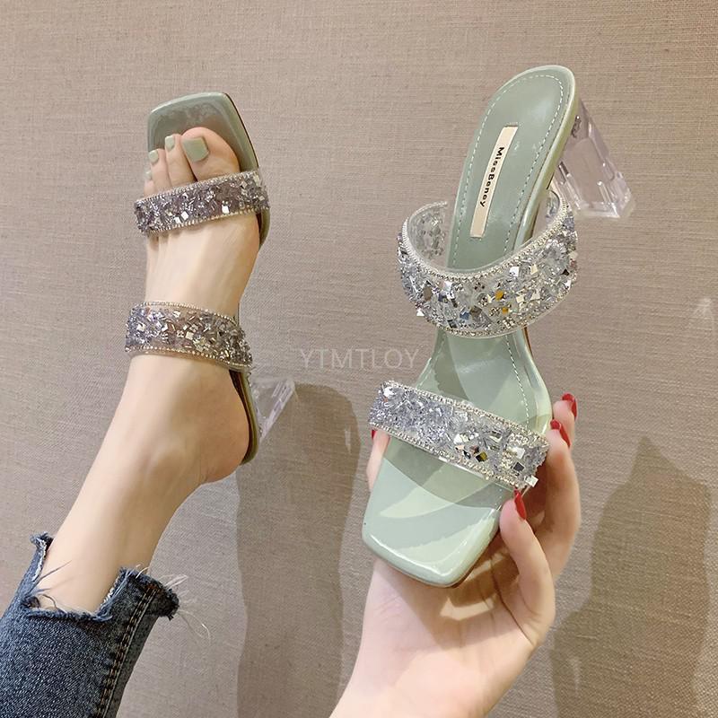 

Bling Crystal Double Clear Woman Pumps Transparent High Heels Shoes Slip On Party Mujer Outside Zapatillas Mujer Casa, Beige