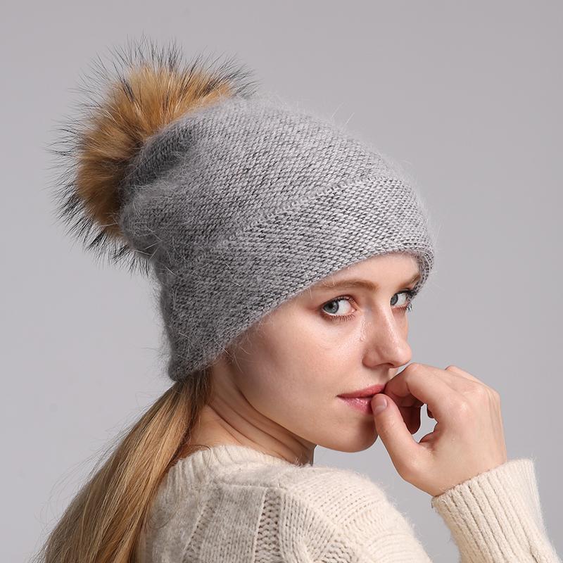 

New Women's Hat Winter Beanie 70% Fur Knitted Hat Angola Bonnet girls Real Pompom Fur Fall Female Ski Cap, White