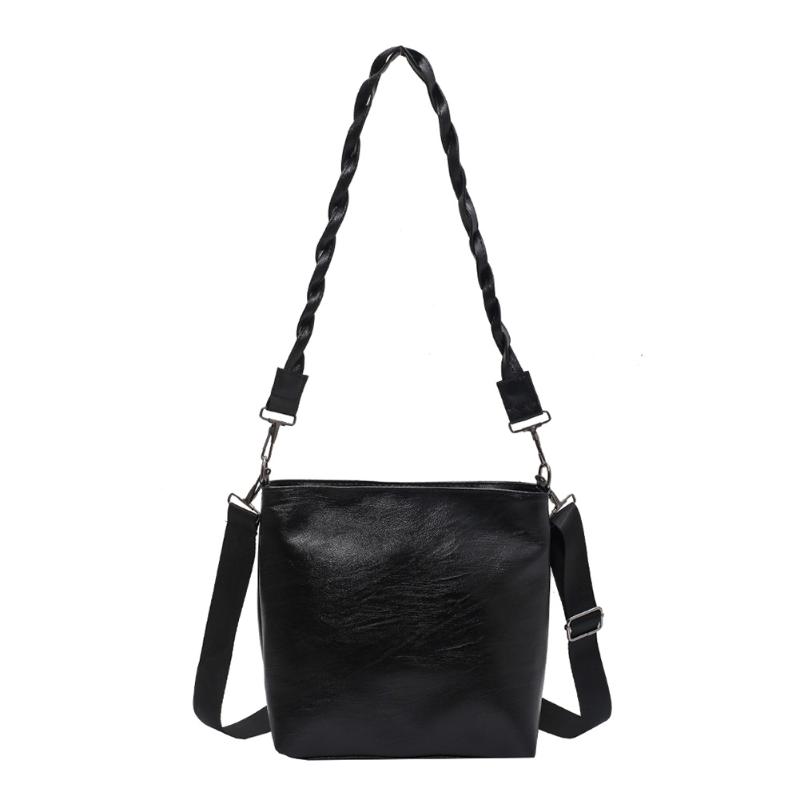 

PU Leather Crossbody Bags Simple Solid Color Summer Lady Braided Strap Bucket Female Simple Totes for Women 2021 Trend, Black