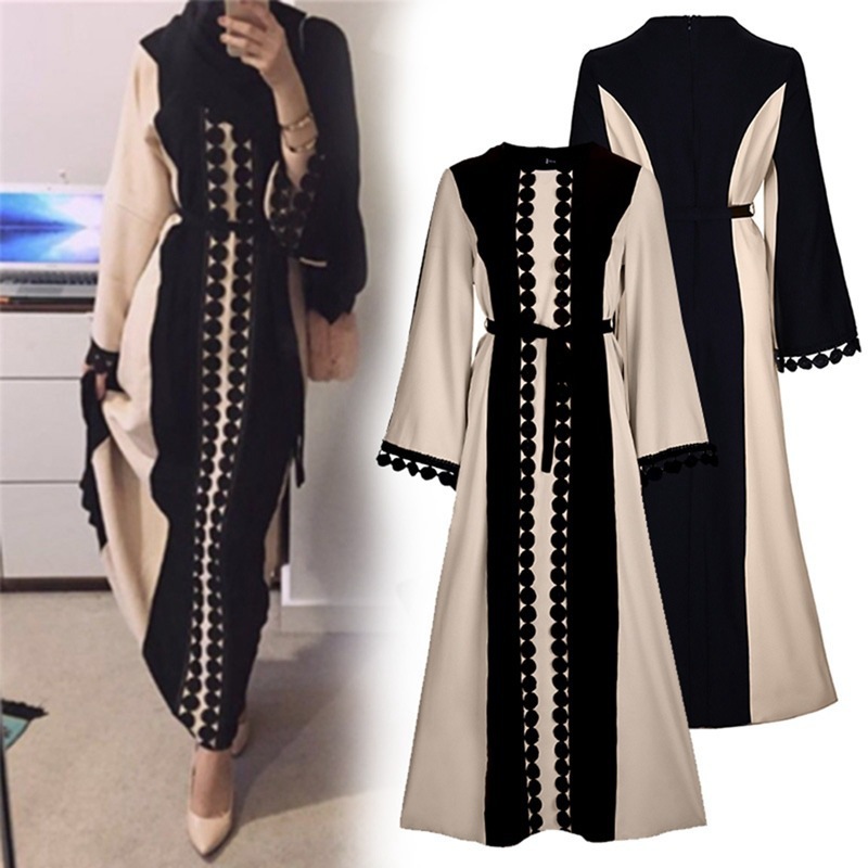 

2021 New New Robe Clothes for Middle Eastern Women Duibai Arabic Duiba Ramadan Prayer Polka Stiching Elegant Lace Dress Belt 41vw
