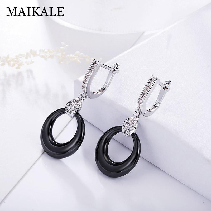 

MAIKALE Simple Fashion Round Drop Earrings Copper Cubic Zirconia Black White Ceramic Gold Silver Color Earrings For Women1