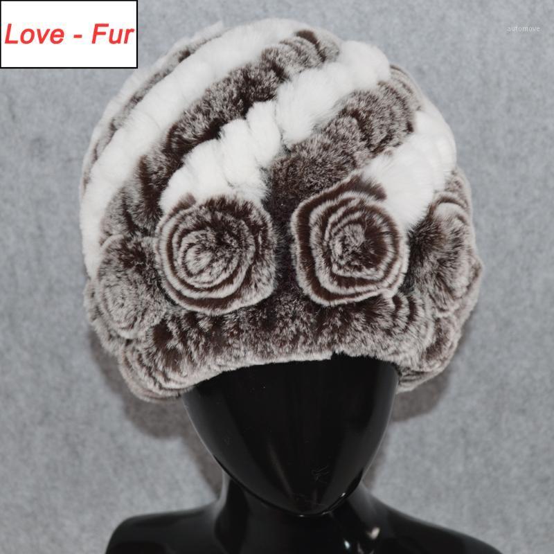 

New Winter Rex Fur Hats Women Real Rex Fur Floral Beanies Hat Handmade Knitted 100% Natural Cap1, Grey red