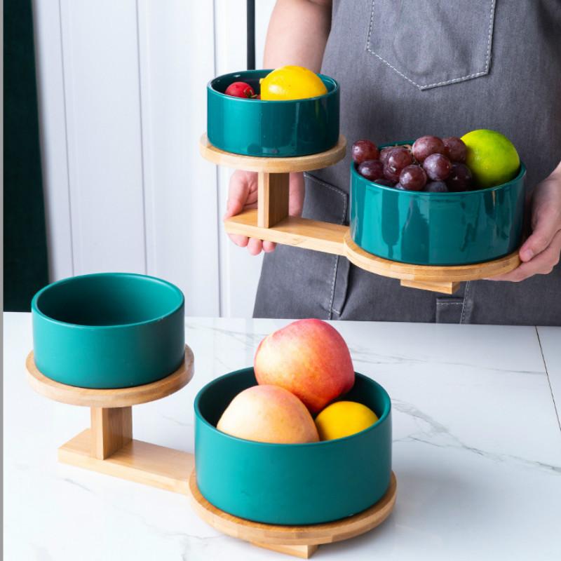 

New Ceramic Fruit Storage Tray Bowls Nordic Cake Dessert Serving Platter With Wood Tray Home Party Storage Container Set