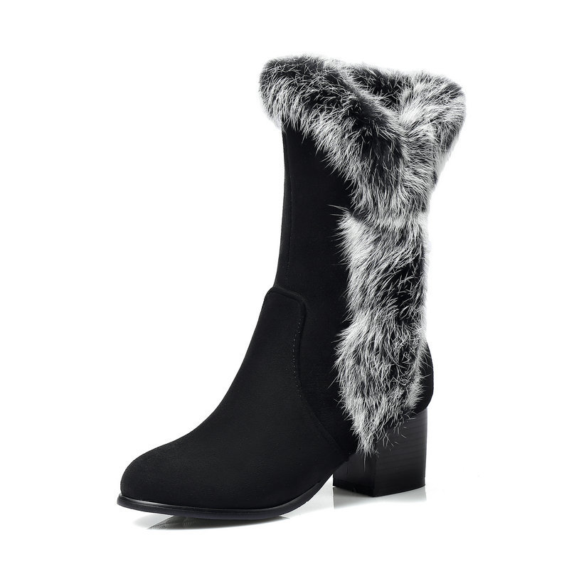 

2021 New Quality Warm Fur Flock Women Mid-calf Boots Winter Newest High Heels Snow Party Shoes Woman Size 41 42 43 M6zz, Black