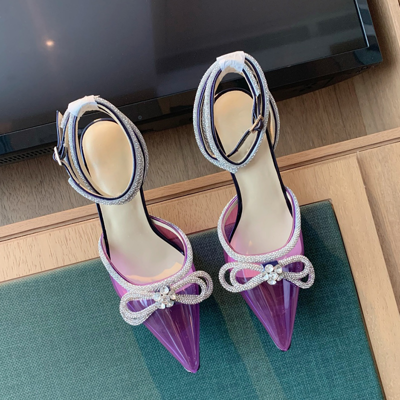 

Dress Shoes Designers Real leather Dermal sole mach Color transparent PVC Bow Pumps Crystal Embellished rhinestone Evening stiletto Heels sandals Top quality, Orange